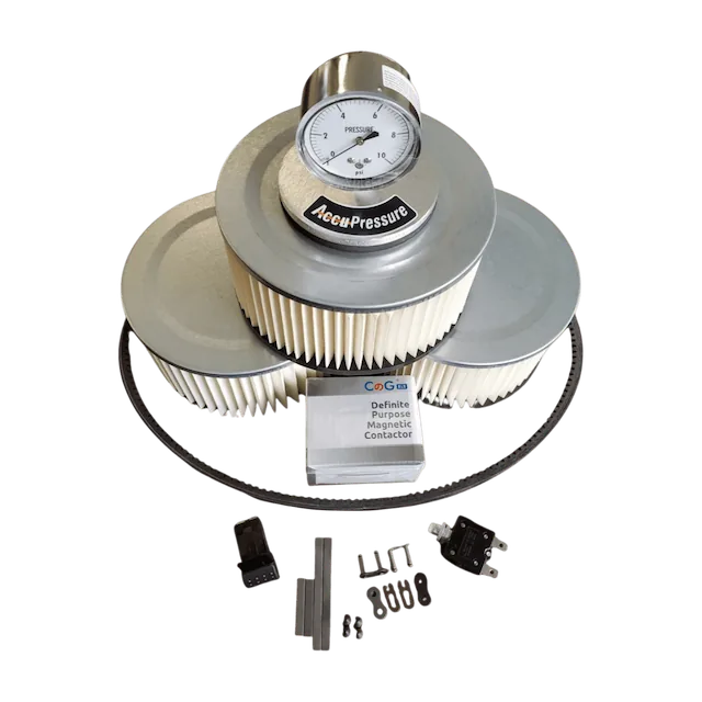 ACCU1 machine maintenance kit with air filters, a motor belt and chain links
