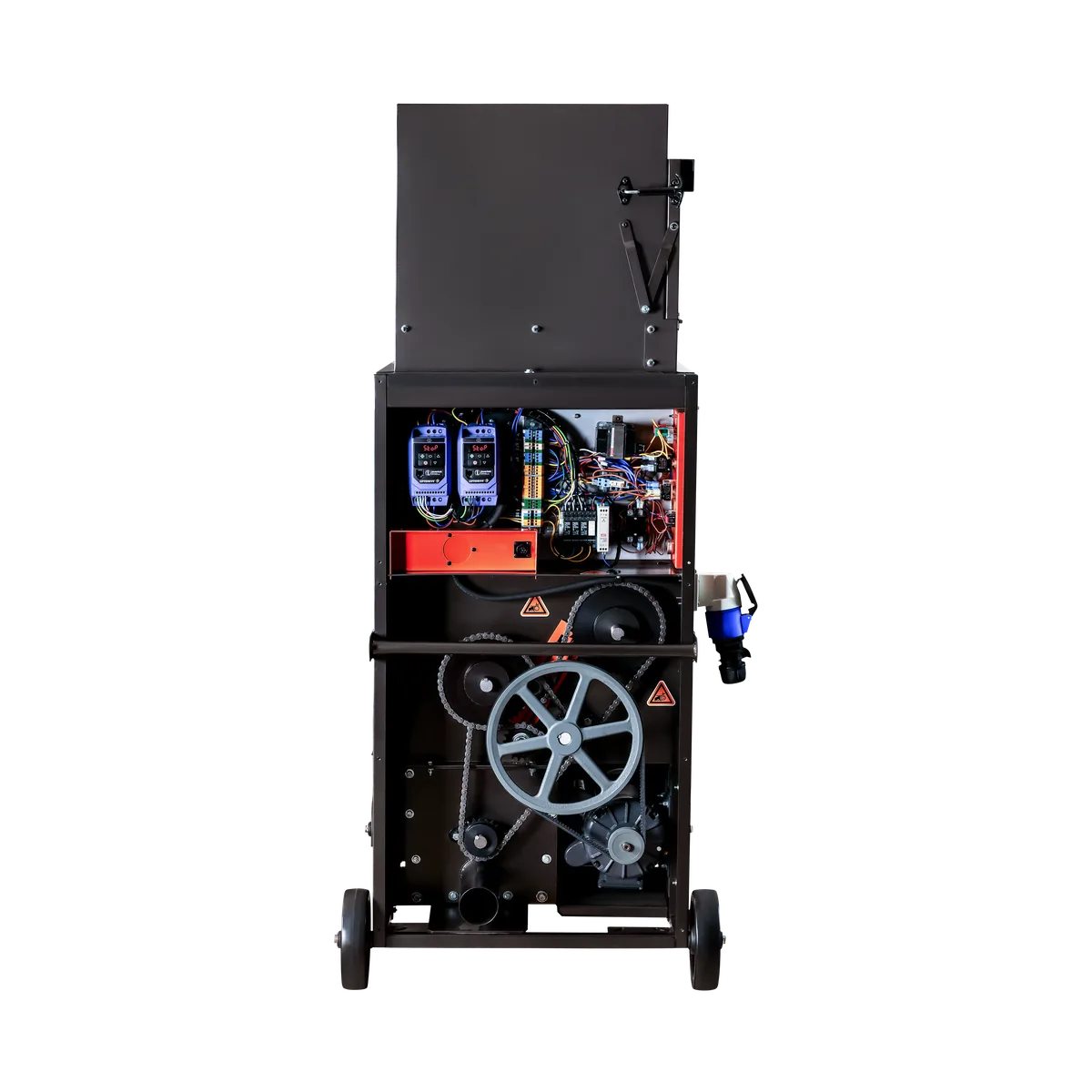 ACCU1 9700 fibreglass and stone wool insulation blower with side cover removed – belt drive, chains and electrics