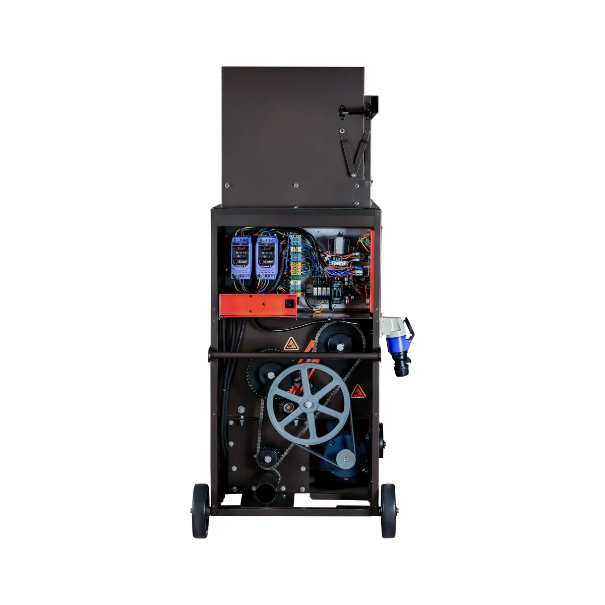 ACCU1 9800 with side cover removed – belt drive, chains and electrics